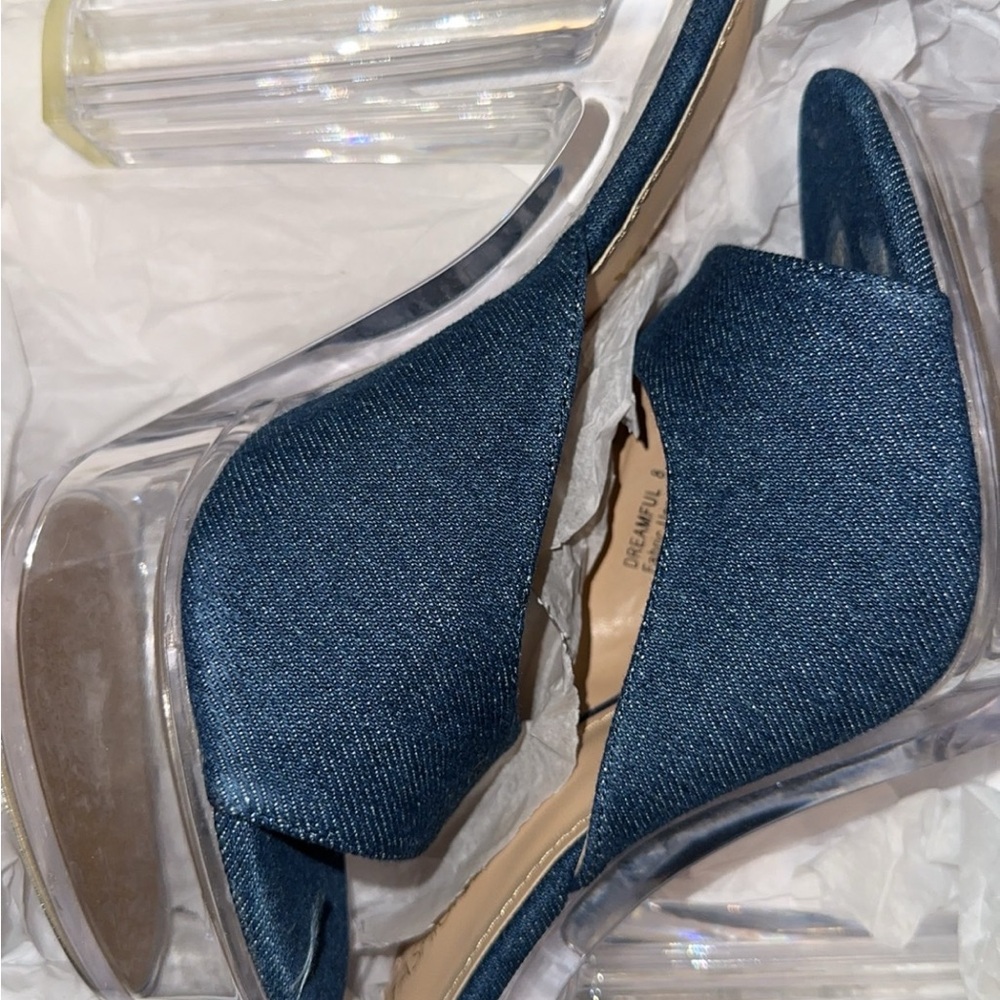 Fashion Nova Blue Denim Heels with Clear Accents